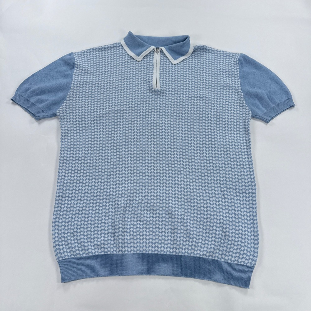 OXKNITSTORE Mens Polo 2XL Blue Checkered Quarter Zip Knit Retro Preppy